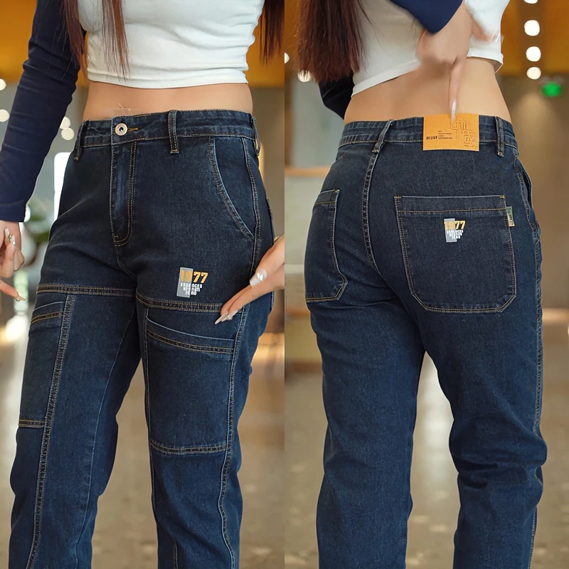 

Модные эластичные прямые джинсы для мужчин с множеством карманов, повседневная одежда для молодежи, на зиму и весну