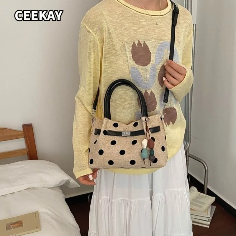 

CEEKAY Minimal Polka Dot Linen Mini Tote PU Lock Detachable Cross Strap Wood Bead Decor Two Ways Carry Daily Shoulder Hand Purse