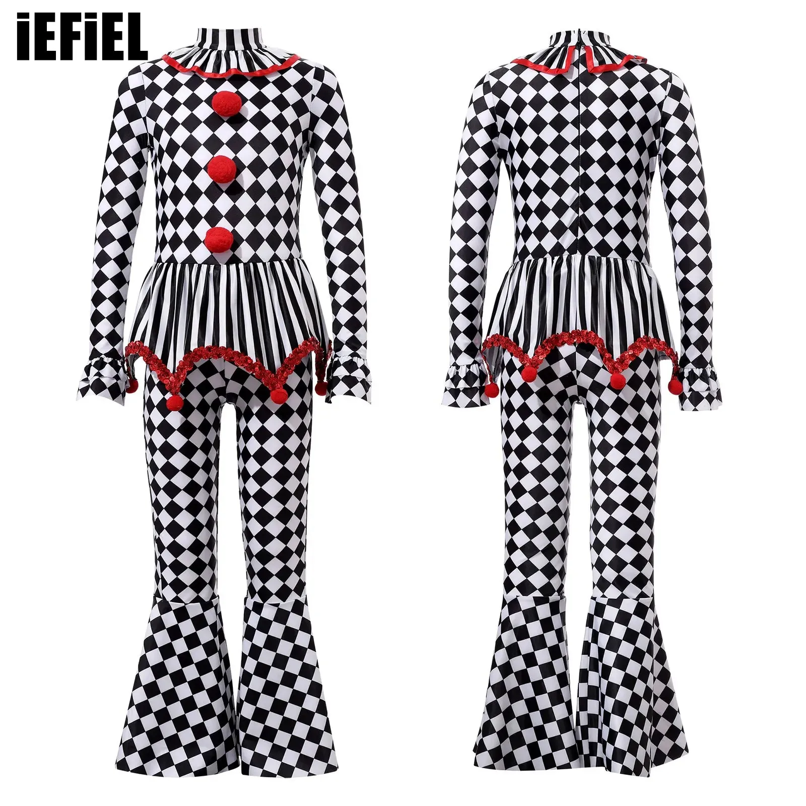 

Kids Girls Circus Clown Costume Peplum Details Checkerboard Print Long Zipper Jumpsuit for Cosplay Dress Up Carnival Performance