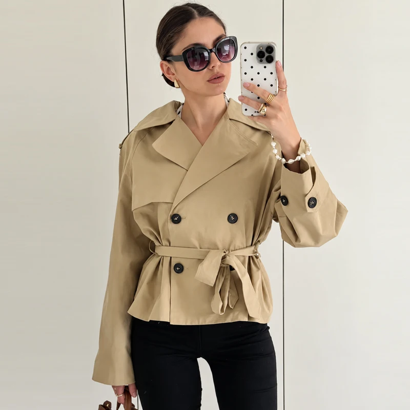 HXAO Crop Khaki-Jacke, Damenjacke, Herbst, Langarm, Schulterpolster, doppelreihig, mit Gürtel, kurzer Trenchcoat, modische Oberbekleidung – Detail 9