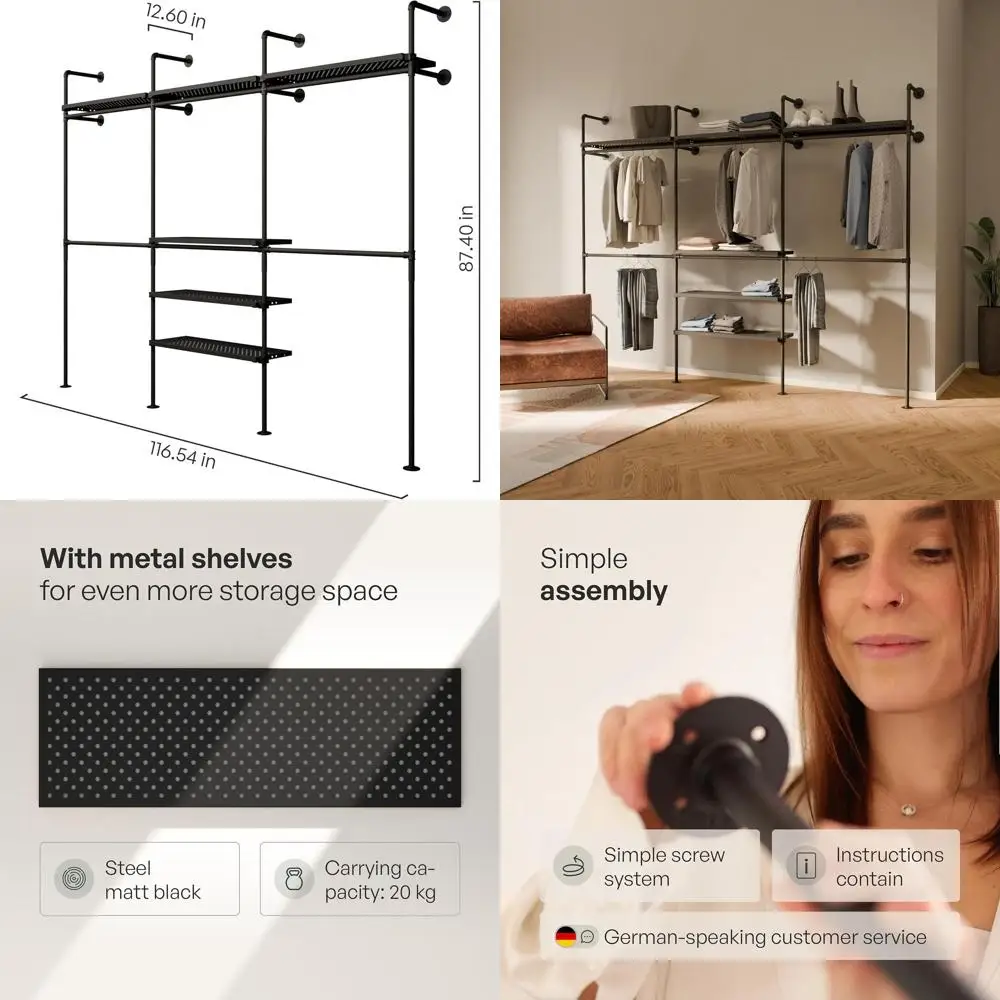 

Heavy-Duty Wall-Mounted Pipe Clothing Rack with Metal Shelves for Walk-In Closets and Wardrobes, Supports 1000 lbs