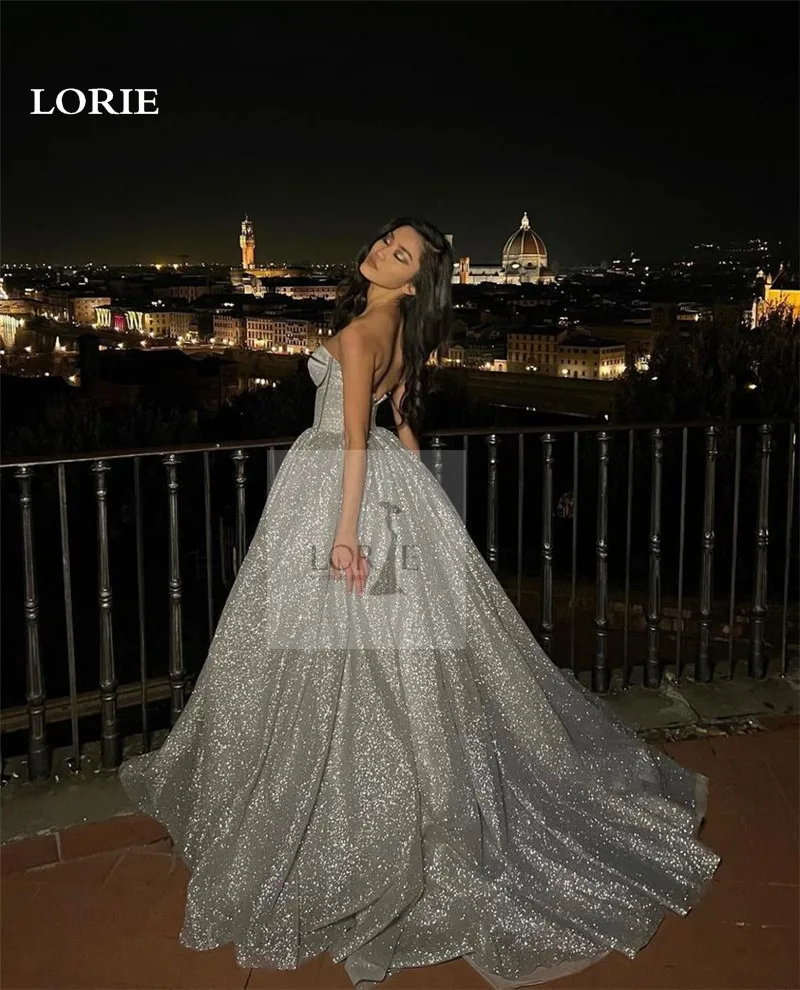 LORIE Sliver Shiny Glitter Wedding Dresses A Line Strapless Boho Bride Dress Long Train Vestidos de novia 2024 Wedding Gowns