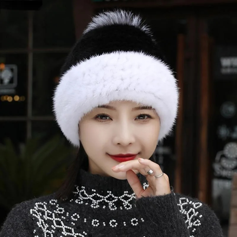 

Real Mink Fur Hat For Women Natural Fur Knitted Warm Snow Cap With Fox Fur Ball Luxury Beanies Russian Cap Female Black Fur Caps