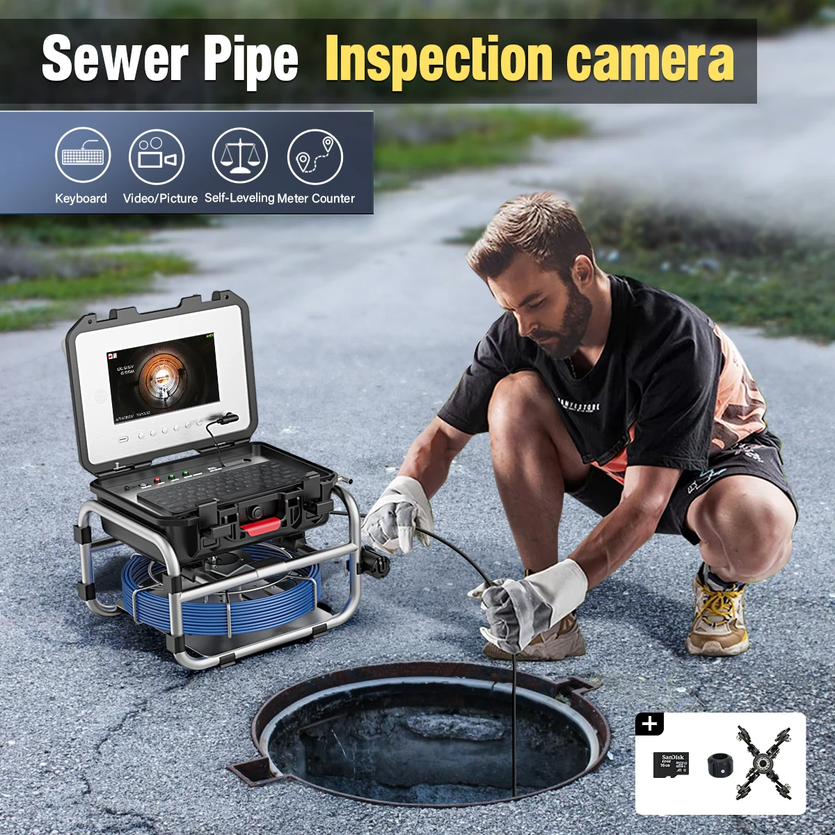 Sewer Pipe Camera 10 Inch IPS 1080P Screen Pipe Inspection Camera Self-Leveling 512HZ Locator Meter Counter  Enlarge Borescope