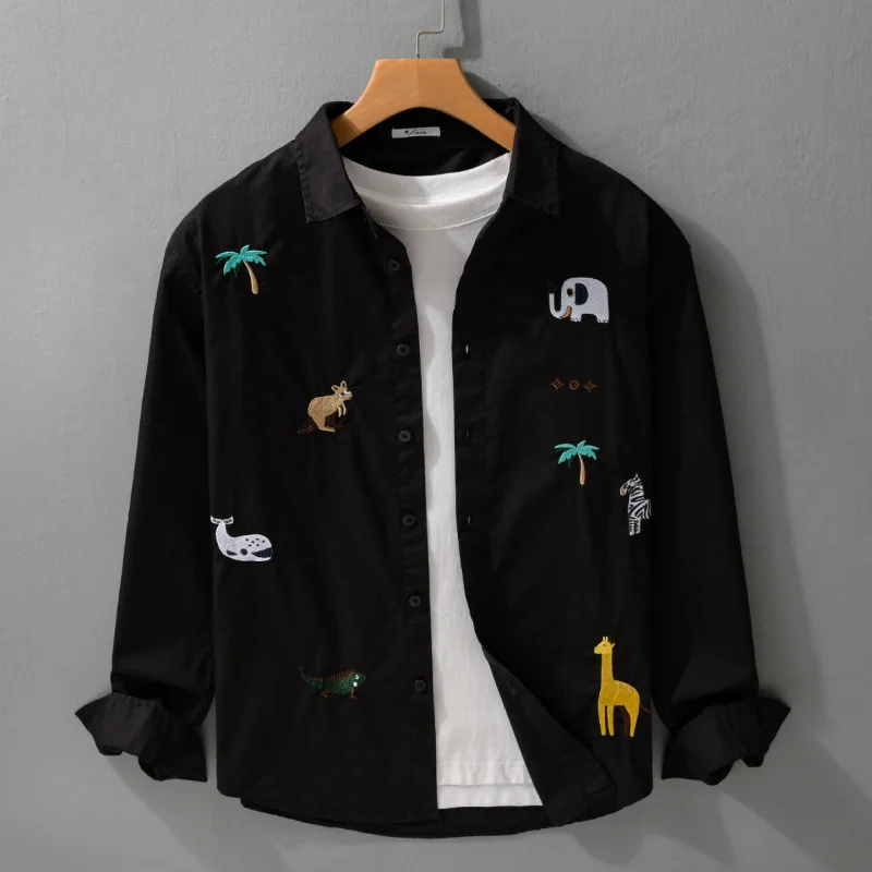 Cartoon Embroidery Shirt Men Spring Summer New Mens Long Sleeve Shirts Pure Cotton Comfort Top Youth Korean Fashion Funny Shirt
