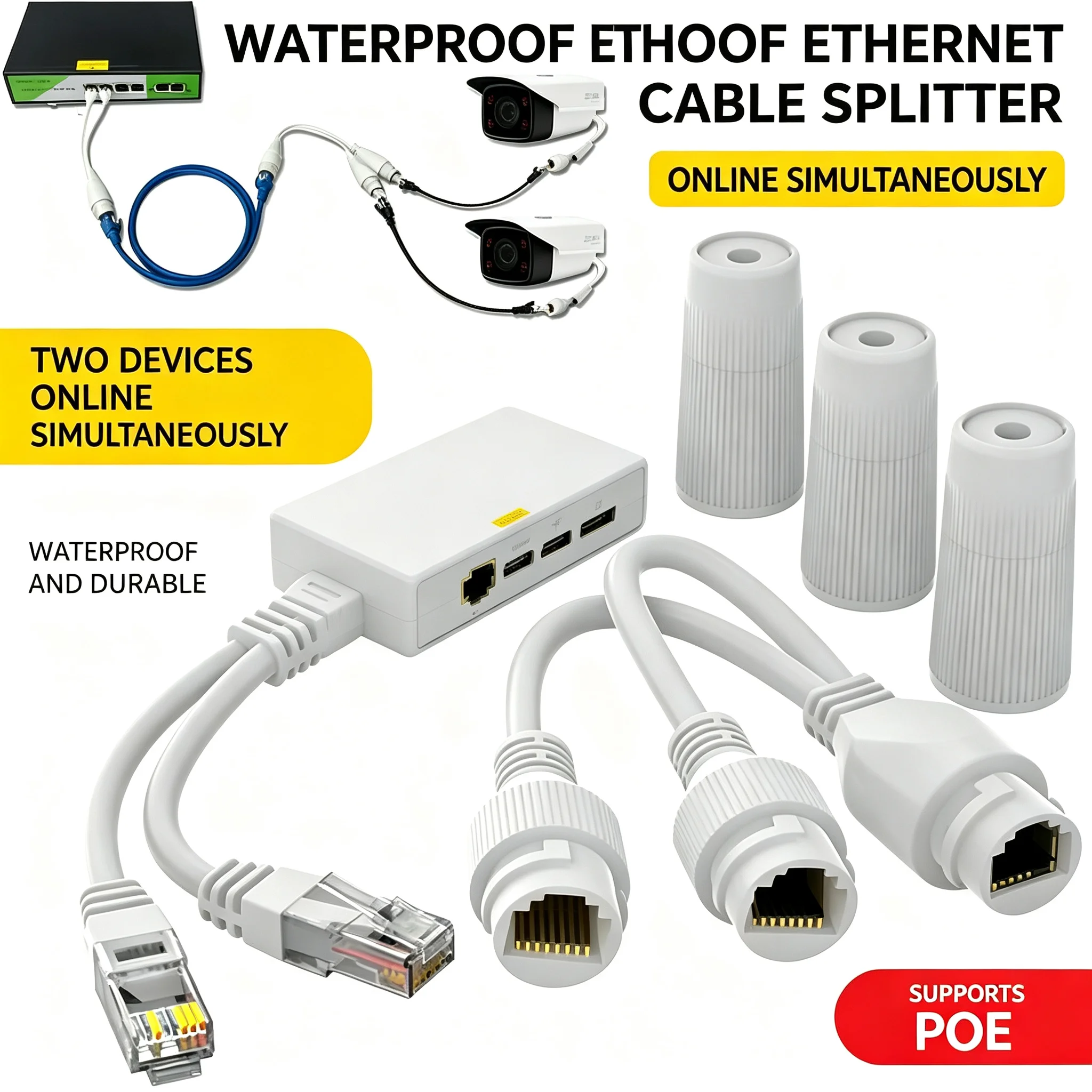 Kit Adaptador Divisor PoE Ethernet Impermeable 2 en 1 para 2 Cámaras IP, Funciona con 1 Cable, Reduce Costos, Conector RJ45 para Exteriores, Plug & Play
