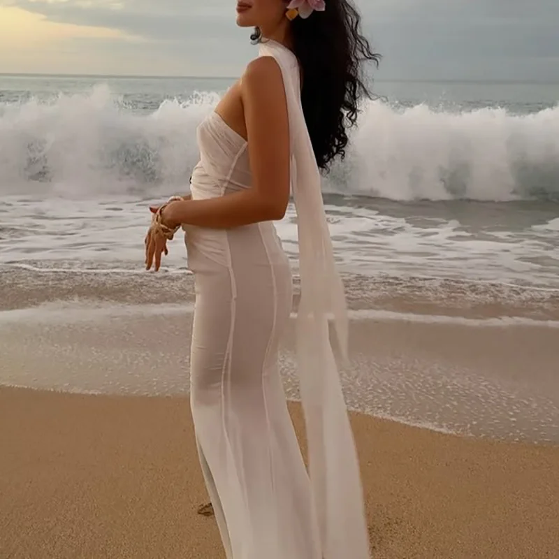 Beachwear Solid Lace-up Slim Boho Long Dress Ladies Sexy Strapless Hollow Out Party Dress 2025 Spring Summer Backless Maxi Dress