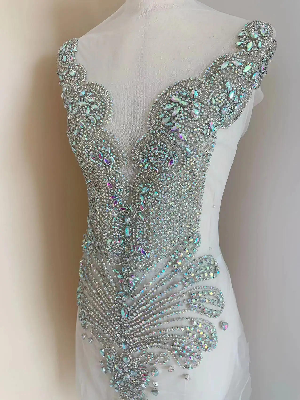 

Silver AB Large Sparkle V Neckline Full Body Diamond Rhinestone Bodice Patch Applique for Blue Corset,Costume,Wedding Dress