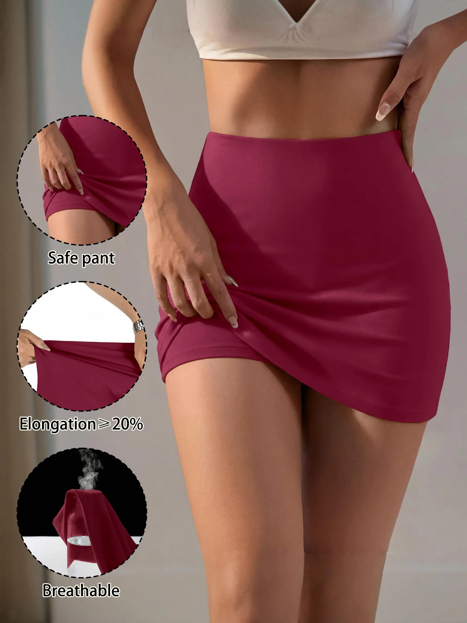 High-Rise-Slimming-Bodycon-Skort mit integrierten Sicherheitsshorts, nicht transparent, elastischer Bund, Alltags-Outfit für die Straße. – Detail 9