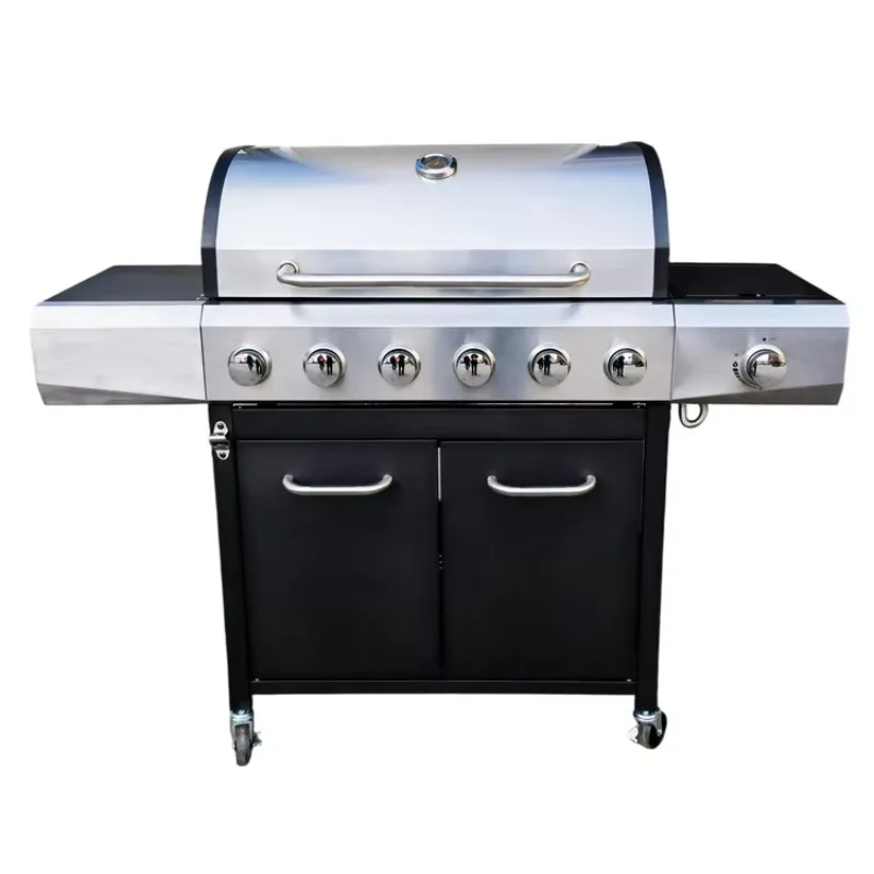 Oversized 6-burner gas grill with side grill, steel construction, cart, easy to assemble