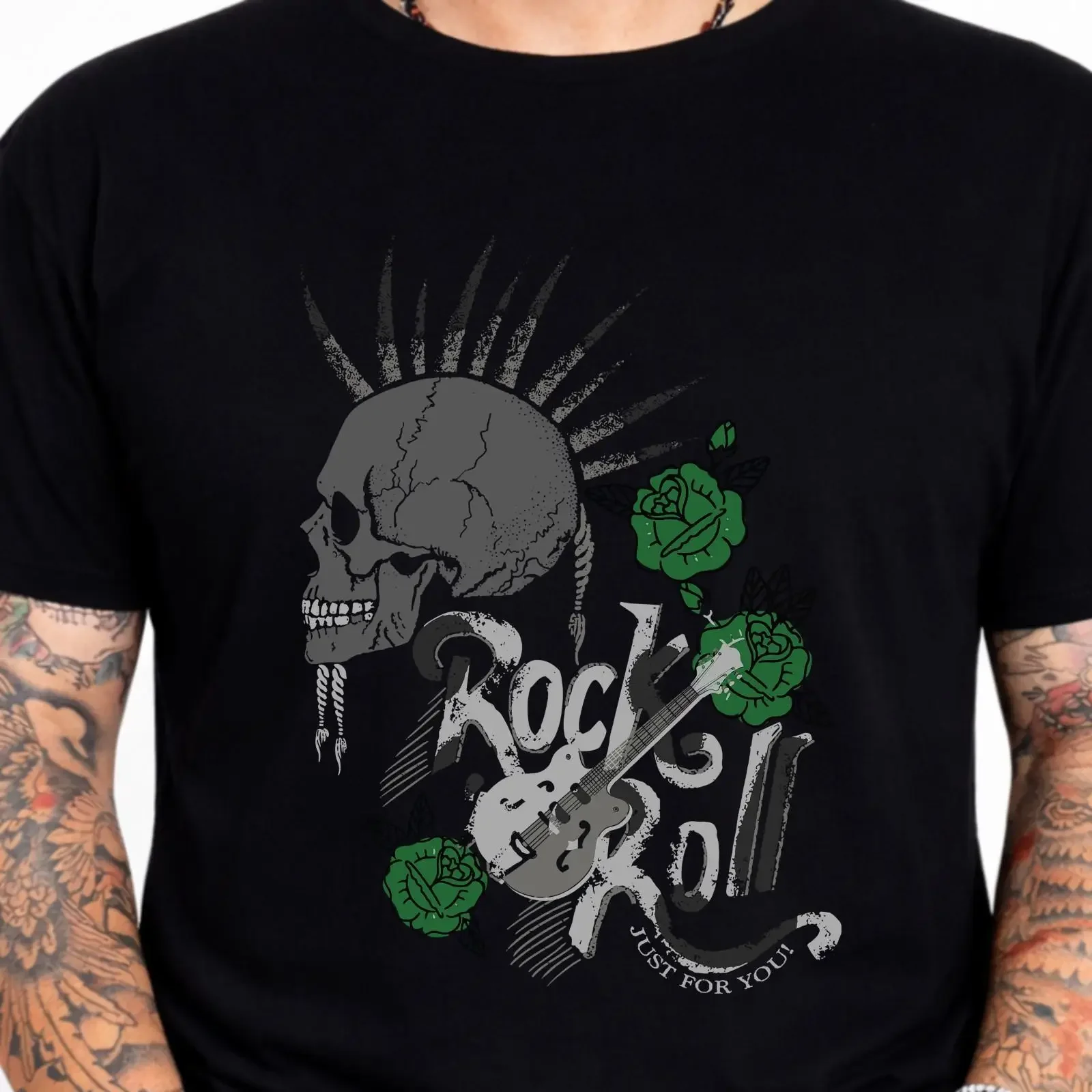 Rock and Roll T Shirt Punk Skull Mohawk Guitar Roses Vintage Music vintage Washed designer clothes Soft Stylish fashion Unisex