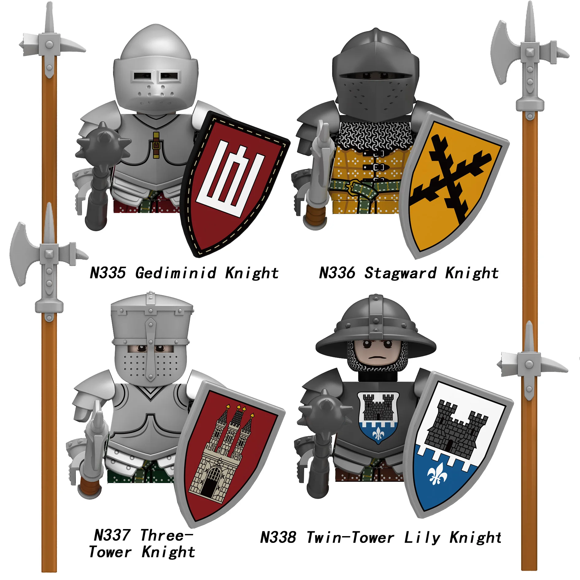 MOC Mittelalterliche Burgturm-Ritterfiguren Bausteine Waffen Schild Schwert Helme Rüstung Weste Hirsch Soldaten Armee Bausteine Spielzeug
