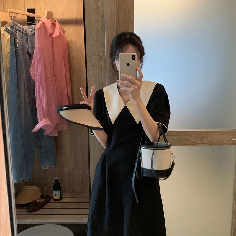 French Women Short Sleeve Peter Pan Collar Mid-calf Dress Cute Elegant Hit Color Slim Fit A-line Fashion Casual Dresses Black