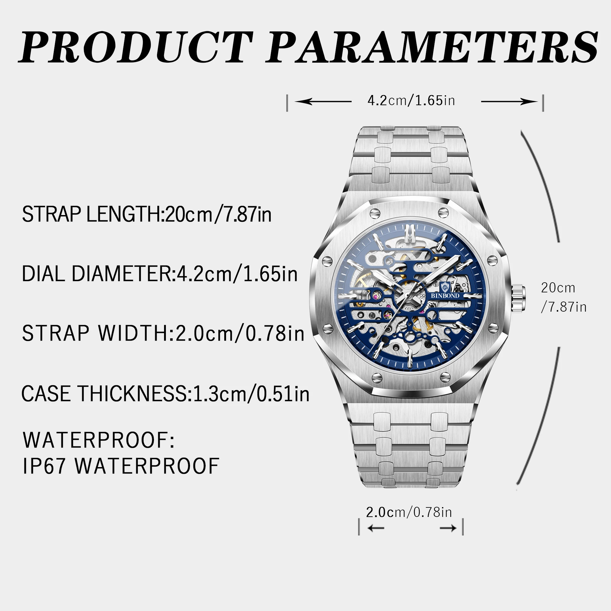 BINBOND, reloj deportivo de lujo a la moda para hombre, luz nocturna, reloj mecánico automático resistente al agua