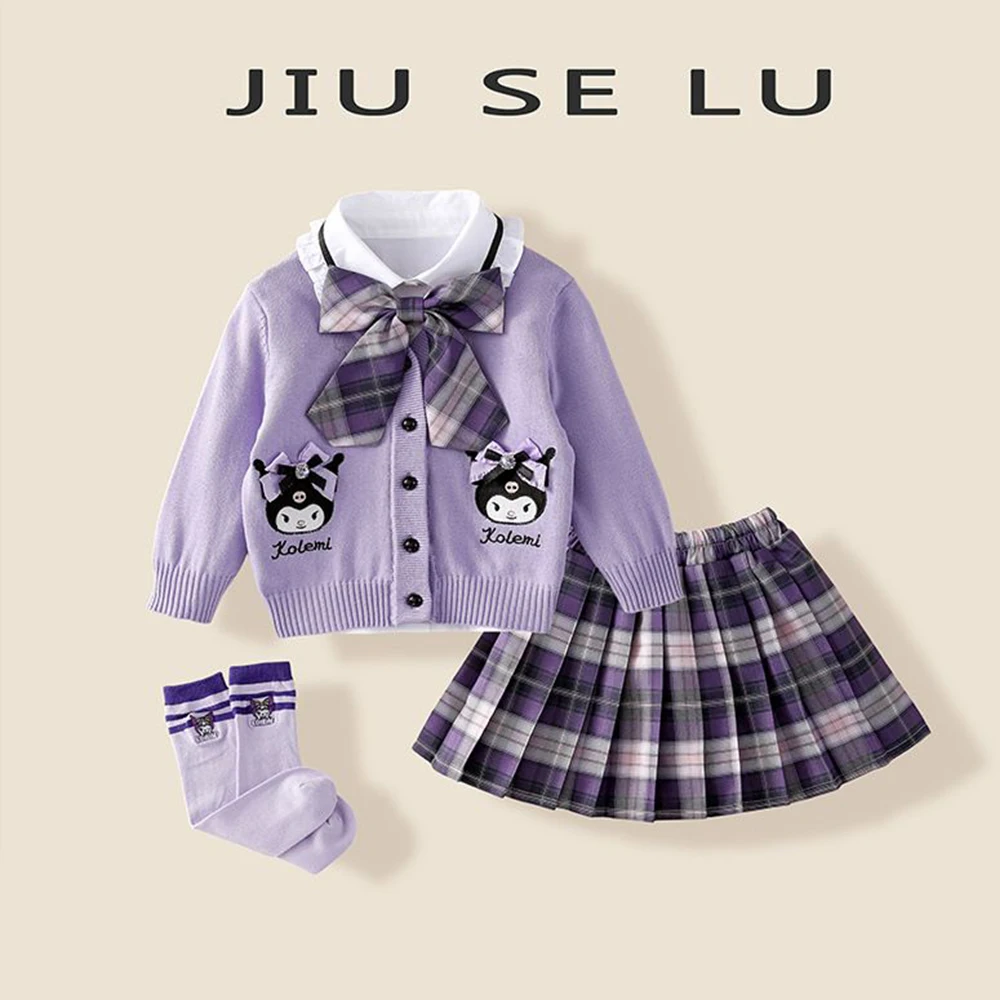 Children's Cardigan Shirt Pleated Skirt Sanrios Anime Spring Cinnamoroll Kuromi Melody Girl Fashion Kawaii College Style Set