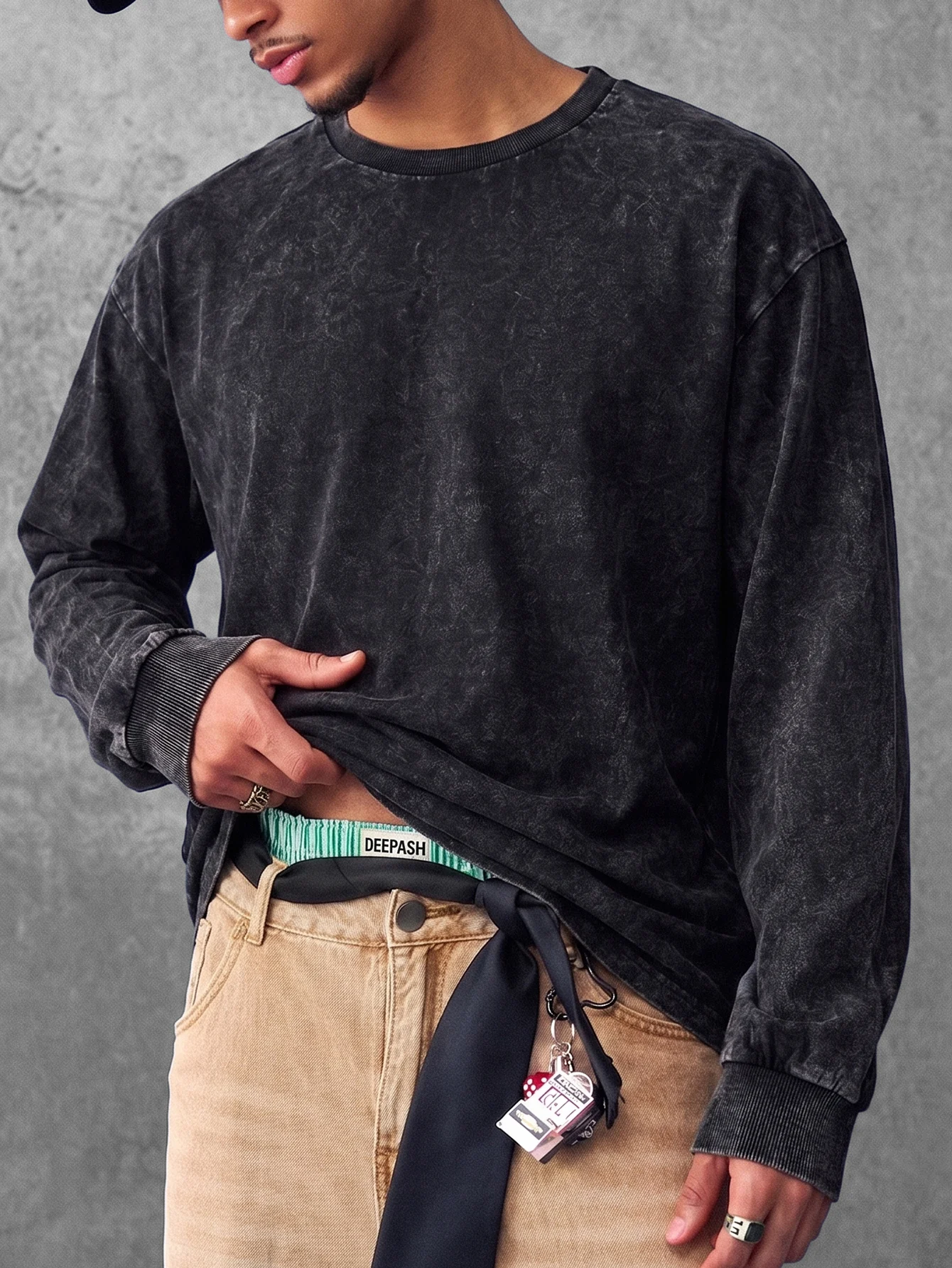 Herren Vintage Acid Washed Rundhals-Langarm-T-Shirt, Einfarbig, Oversized, S-XXL, Lässiges Streetwear-Oberteil – Detail 1