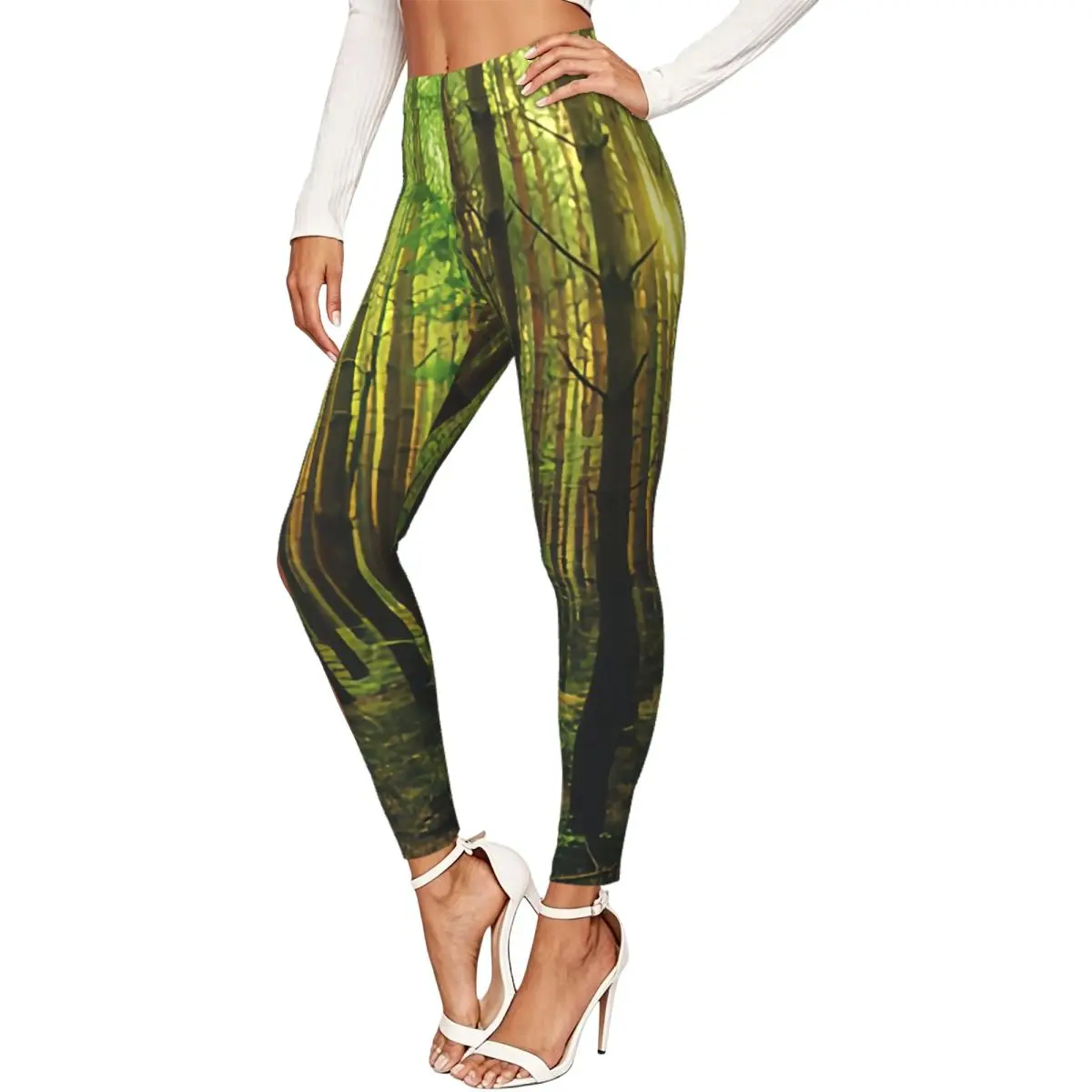 Women High Waist Elastic Leggings Magic Sun Light In The Forest Nature Background Slim Fit Stretchy Pants Casual Wear