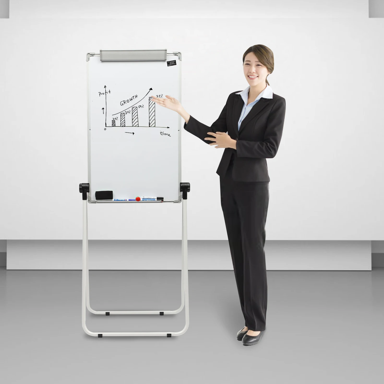 Double-Sided Mobile Whiteboard, Adjustable Height with 360° Rotation, Magnetic Surface & Locking Wheels for Office/Classroom