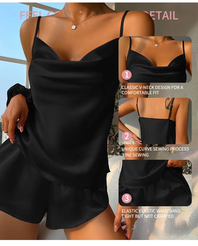 Sling Satin Seide Pyjama Set Anzug T-Shirt Pj Set Zweiteilige weiche Nachtwäsche Loungewear rückenfreie Dessous Pjs Cami Top und Shorts – Detail 7