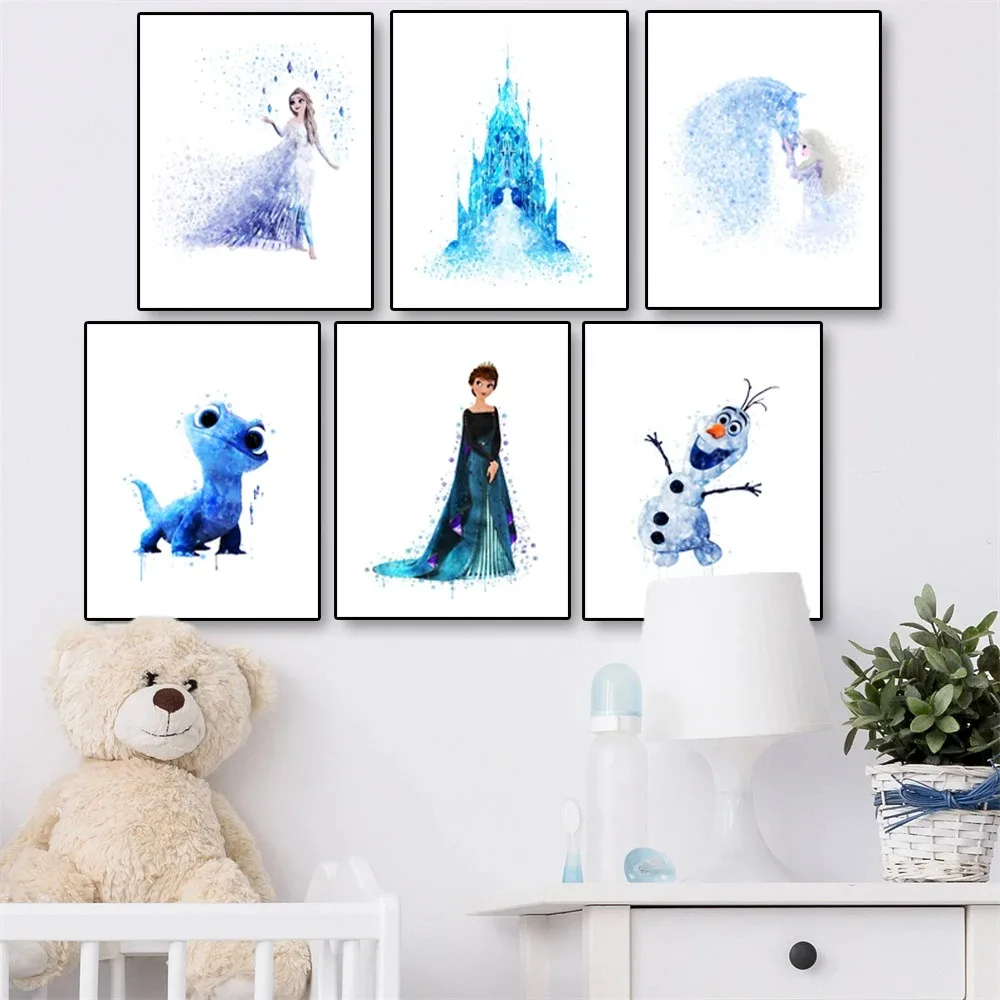 ملصق قماش فني بألوان مائية مجمدة من Miniso-Disney ، طباعة الأميرة آنا وإلسا ، فن جداري ، ديكور حضانة ، غرفة فتيات #1