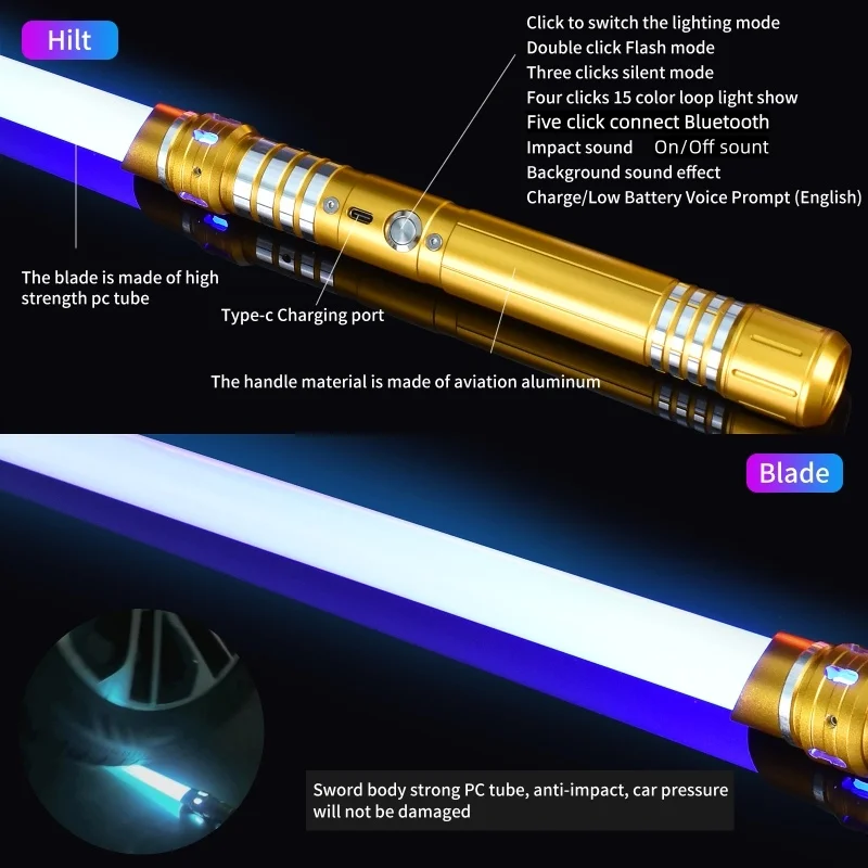 REikirc Música Sabre de luz personalizado 2 em 1 Sabre de luz Espada laser de metal de 15 cores Brinquedo recarregável Espadas brilhantes para festa