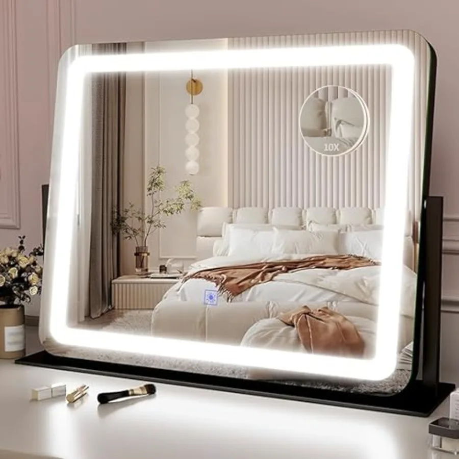 

22x17 Inch Lighted Vanity Mirror with Dimmable LED Lights - 3 Color Modes, Smart Touch Control and 360° Rotating Base - Desk Ma