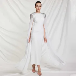 Luxury Evening Dress Midi Ankle Length Sheath/Column Ivory Women's  Gown Crystal O Neck Cloak Sleeves Wedding Guest Dresses 2024