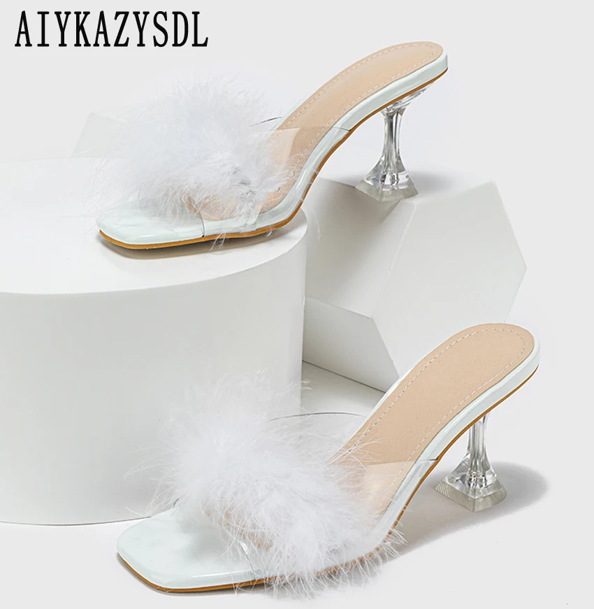 AIYKAZYSDL Fur Feather Slippers Party Clubwear Fetish Shoes Women PVC Clear Transparent High Heel Mules Slides White Shoes OL