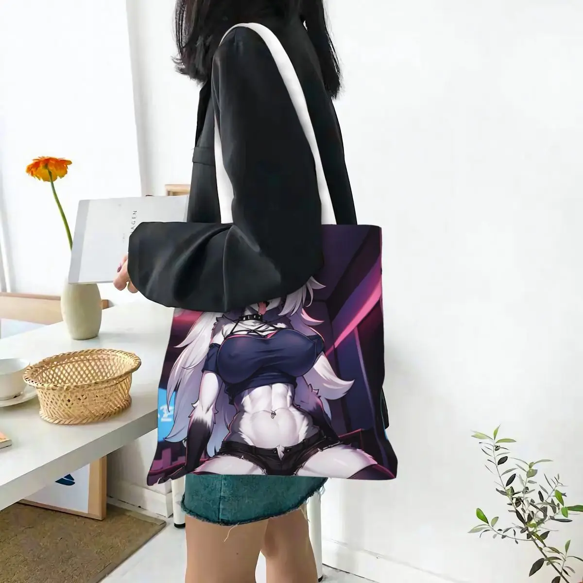 Helluva Boss Loona Bolsas de compras de lona Bolsa tote dobrável para mulheres bolsa de ombro bolsa de viagem