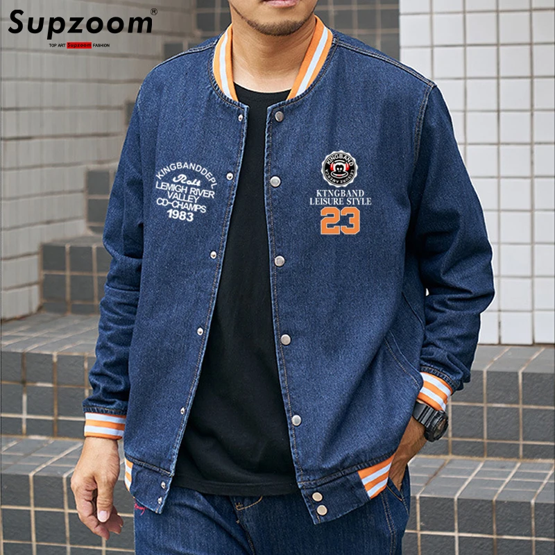 Supzoom New Arrival Letter Rib Sleeve Cotton Print Fashion Logo Single Breasted Casual Bomber Baseball Denim Jacket Loose Coat