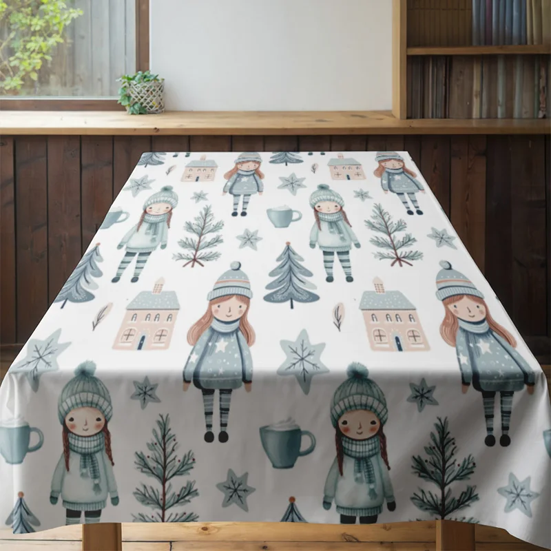 Mantel navideño moderno con diseño de estilo nórdico, estampado de muñeco de nieve azul y blanco para decoración del hogar