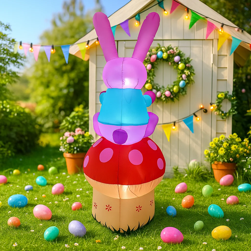 Happy Easter Inflatable Toys 2.1M/6.8FT Rabbit Sit on Mushroom Decor Built-in LED Light Model Outdoor Garden Party Ornament