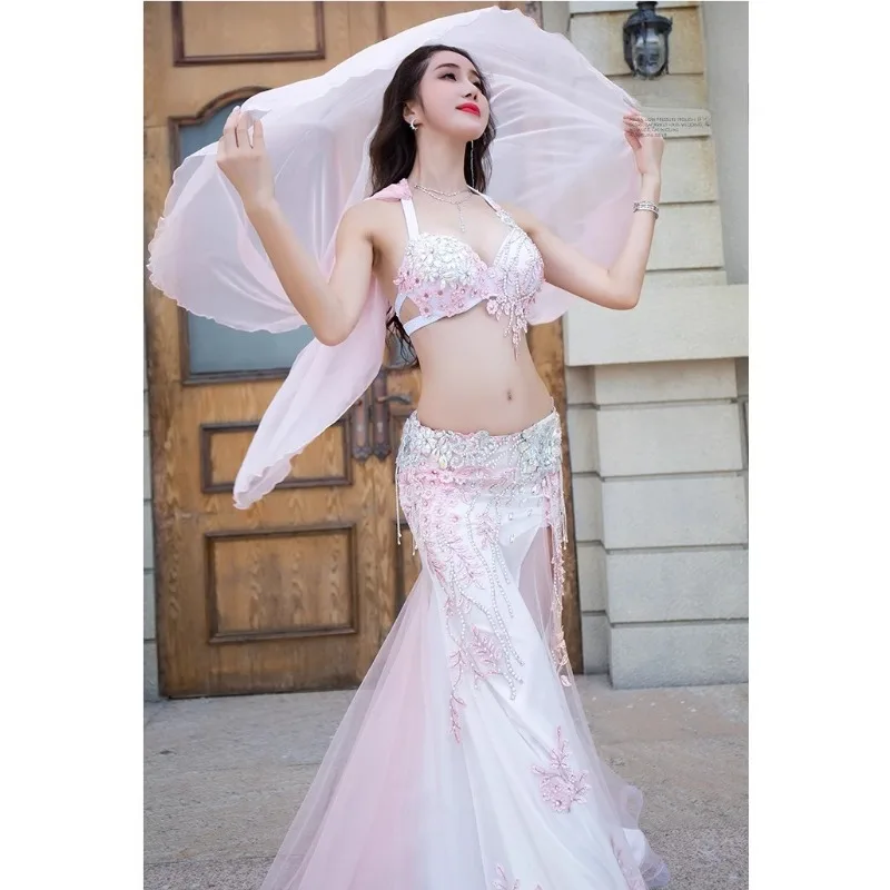 

customized belly dance skirt performance costume female oriental silk sexy bra fish tail long skirt set pink exotic dancewear
