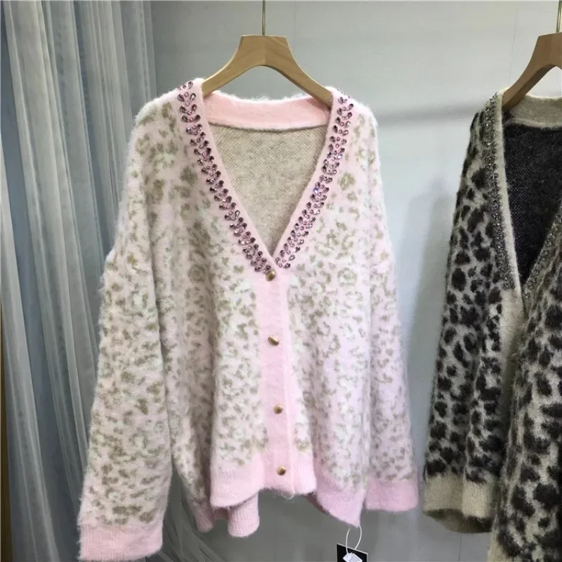 Popular Beaded Cardigan Loose Medium and Long Oversize Thickened Warm Knitted Sweater Jacket Autumn Winter Leopard Print Sweater