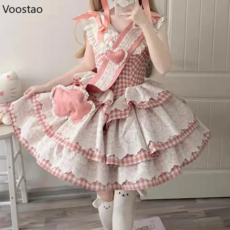 Japonês doce lolita vestido kawaii feminino vintage elegante rendas babados princesa vestido de festa meninas bonito xadrez retalhos mini vestido