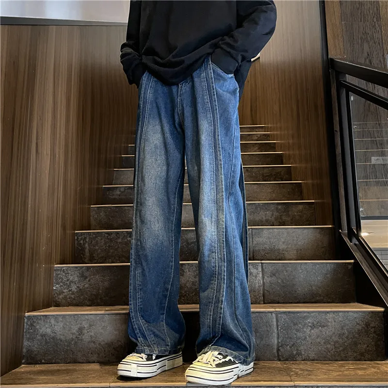 

Waed Patchwork Loose Casual Jeans Men's American Vibe High Street Drape Wide Leg Versatile Loose Fit Summer Long Trousers