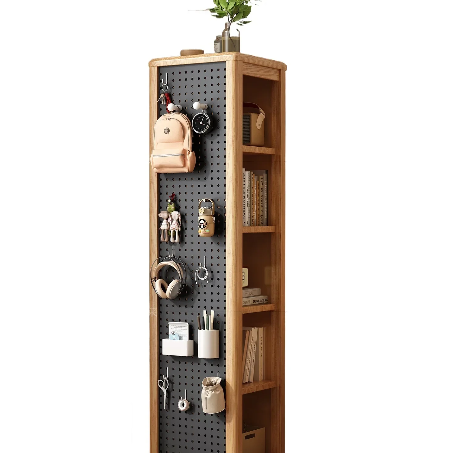 Solid wood rotating bookshelf, full-body mirror with hole plate, large-capacity multi-layer shelves in the living room,