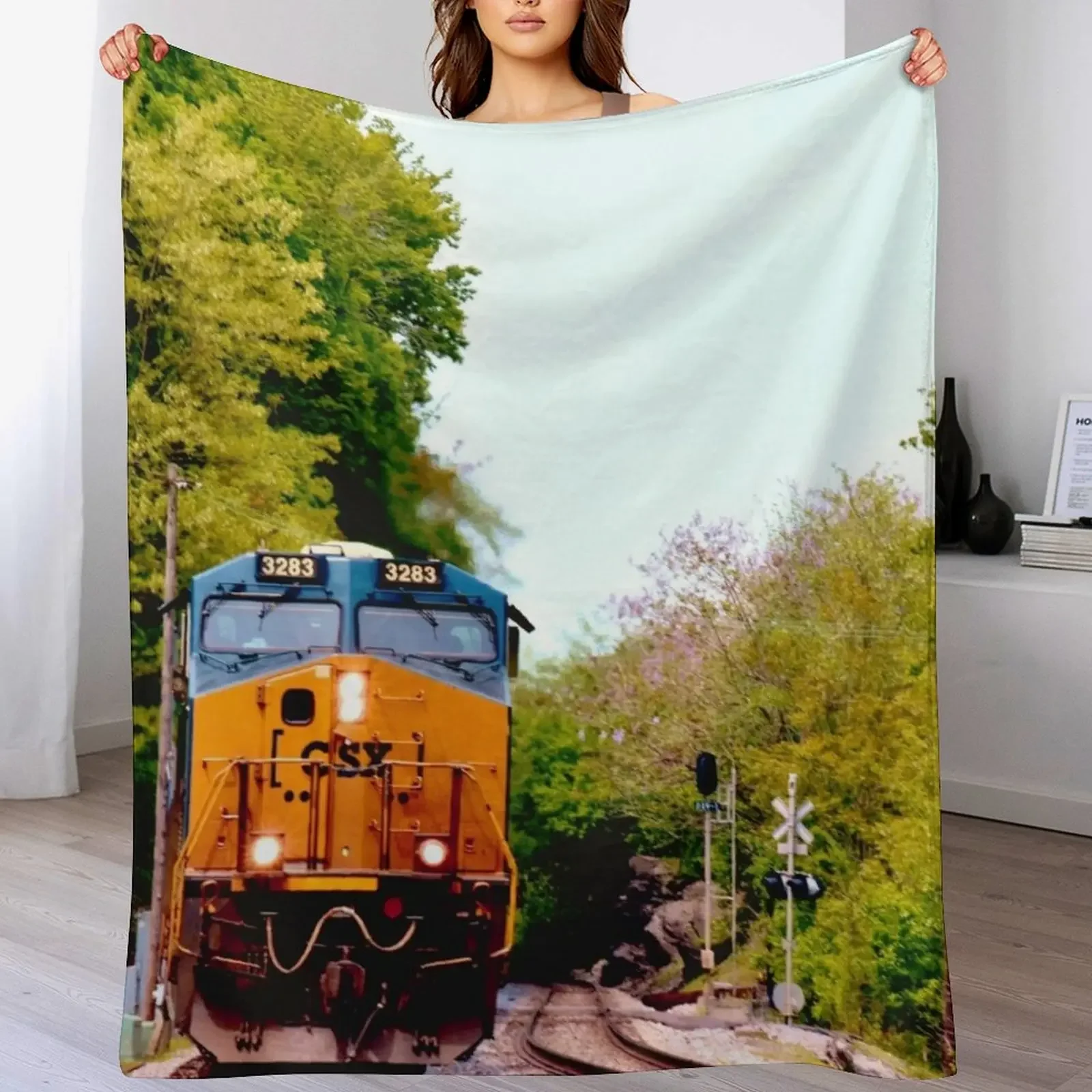 CSX Locomotive 3283 Approaching Harpers Ferry Throw Blanket Quilt Travel Furrys Blankets