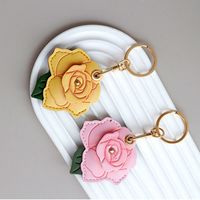 PU Leather Rose Flower Bag Keychain 3D Rose Metal Key Ring Entrance Guard Card Holder Lightweight Portable Bag Hanging Ornament