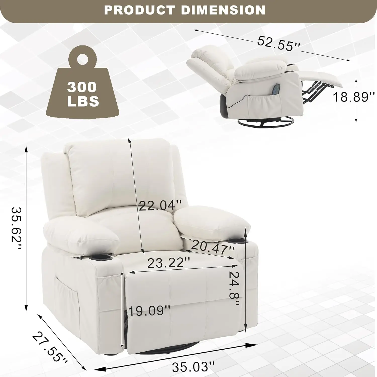 Massage Electric Swivel Rocker Recliner Remote Control Overstuffed PU Leather Lumbar Support Metal Legs Cup Holder-Modern Single