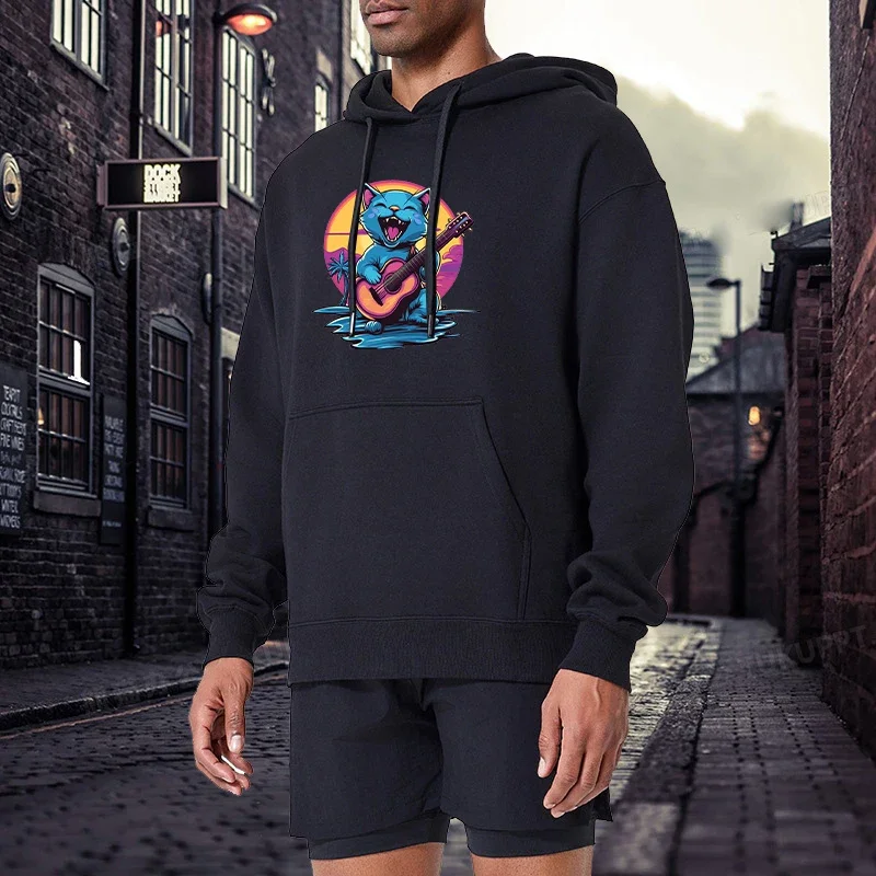 

Cartoon Printed Clothes Men Cat Playing Guitar Printed Hoodies Outdoor Hip Hop Harajuku Vintage Casual Loose Short Sleeve Tees