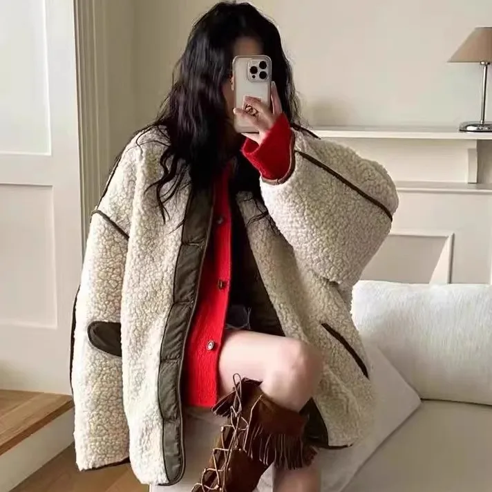 Pelliccia di agnello Jaet Donna Inverno Thiened Cotton Splice Design Sense Cappotto di cotone Capispalla rotondo Ne Loose Fit Lunghezza regolare