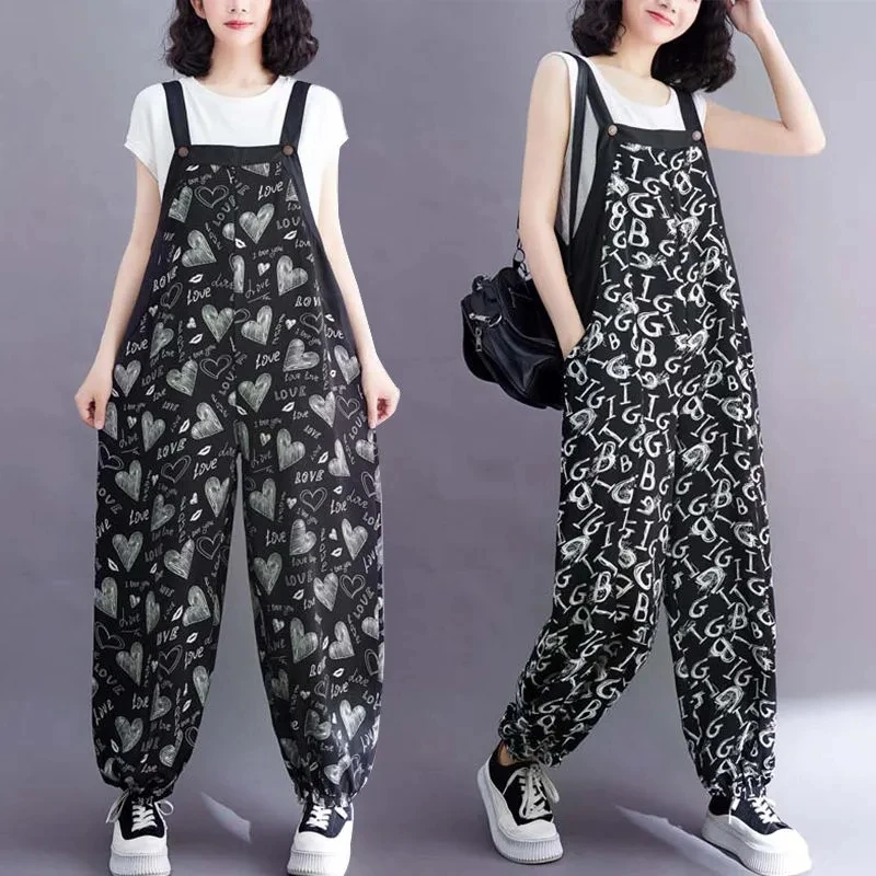 Large Size Printed Rompers New Summer Korean Loose Casual Jumpsuit Women Wide Leg Suspender Overalls Pants Ladies Rompers