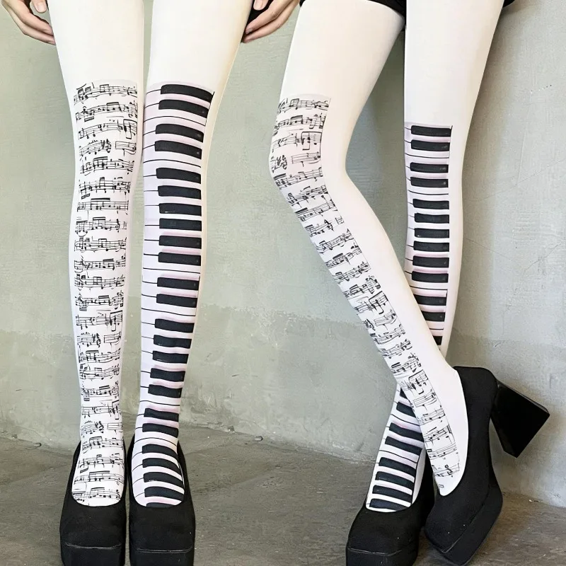 

Punk Music Note Print Tights Haraiuku Piano Stockings Girls Y2K Cosplay Leggings Women Sexy Graffiti Print Long Socks Pantyhose