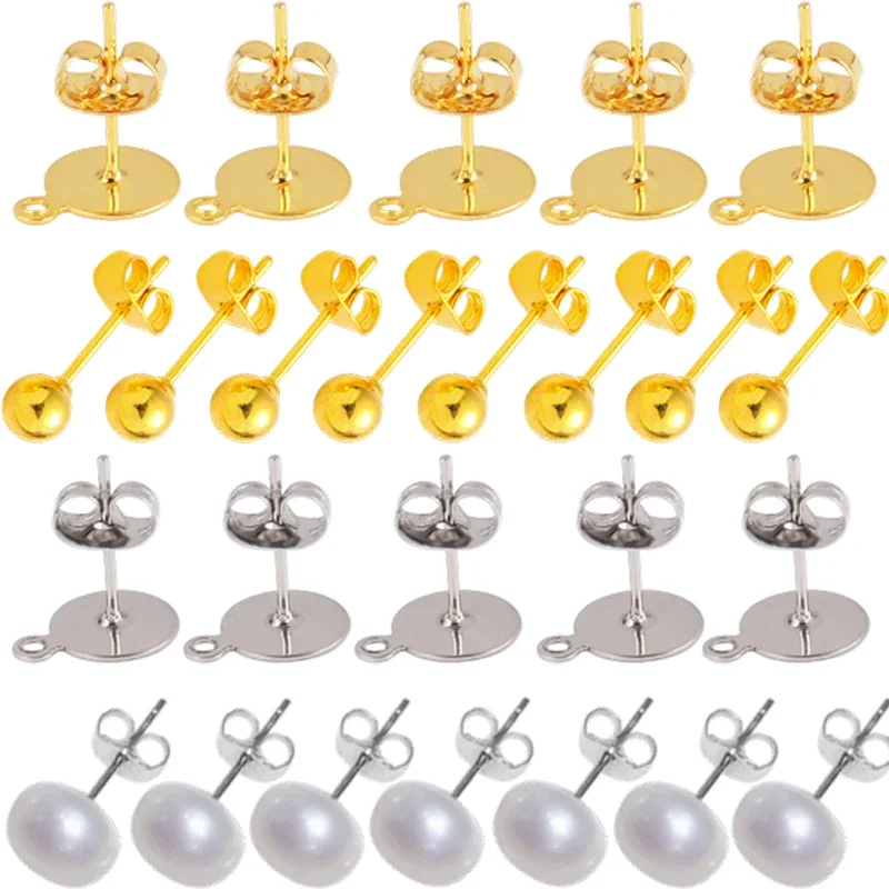 100pcs/lot Silver Plated Blank Post Earring Studs Base Pin With Earring Plug Findings Ear Back DIY Jewelry Making Accessories