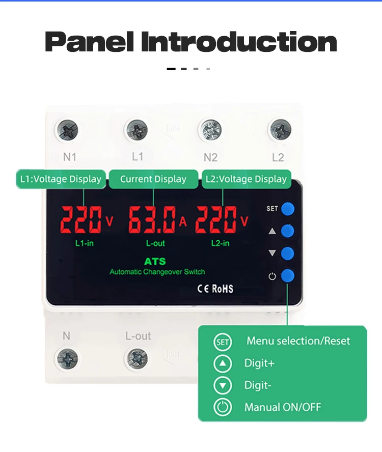 CG LED Display Automatic Transfer Switch 63A 110V Adjustable 2P Dual Power ATS DIN Rail Mount Over Voltage Current Protector
