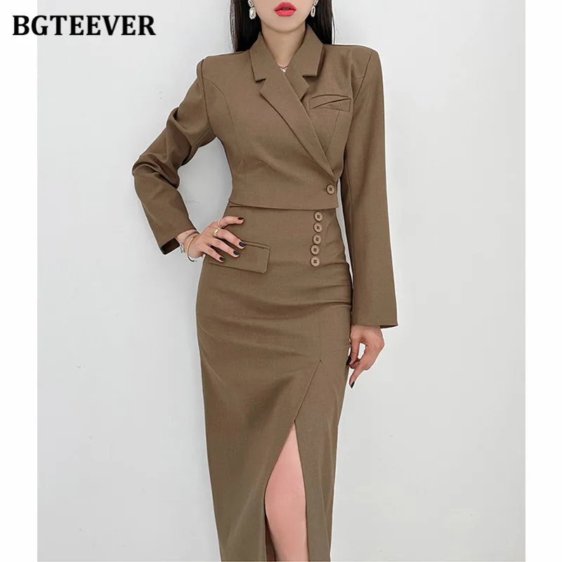 BGTEEVER Elegant Slim Ladies 2 Pieces Skirt Set Short Suit Jackets & Split Package Hip Skirts Women Outfits