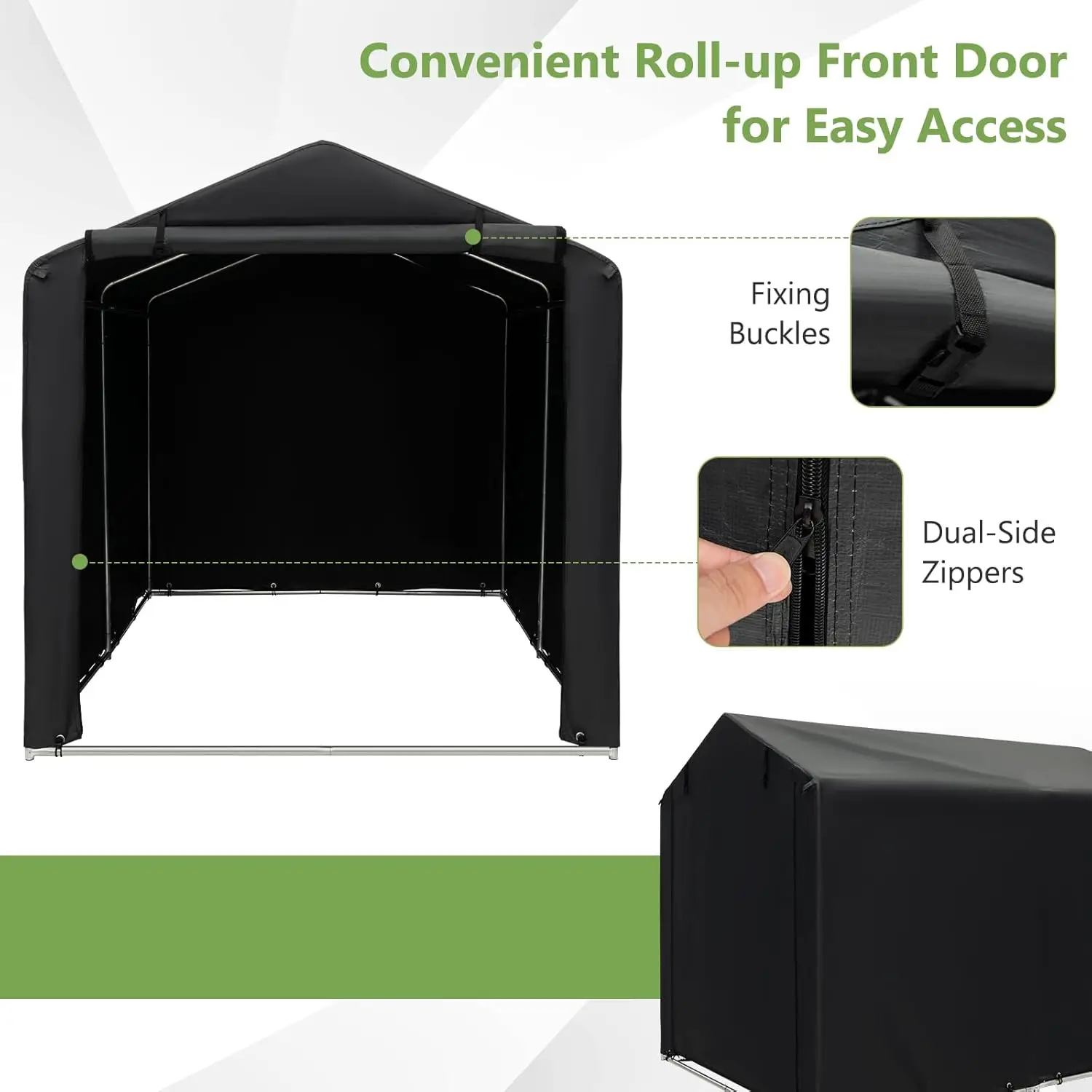 Outdoor Storage for Bike & Garden Tools, Metal Frame with Waterproof Cover, Gray, Portable with Roll-Up Zipper Door