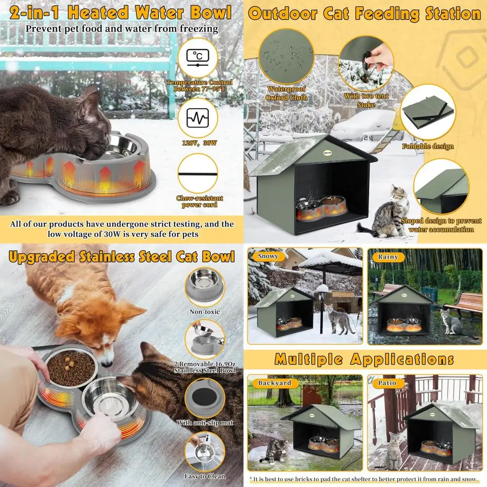 

Grey Weatherproof Outdoor Cat Feeding Station with Heated Food and Water Bowls for Feral Cats