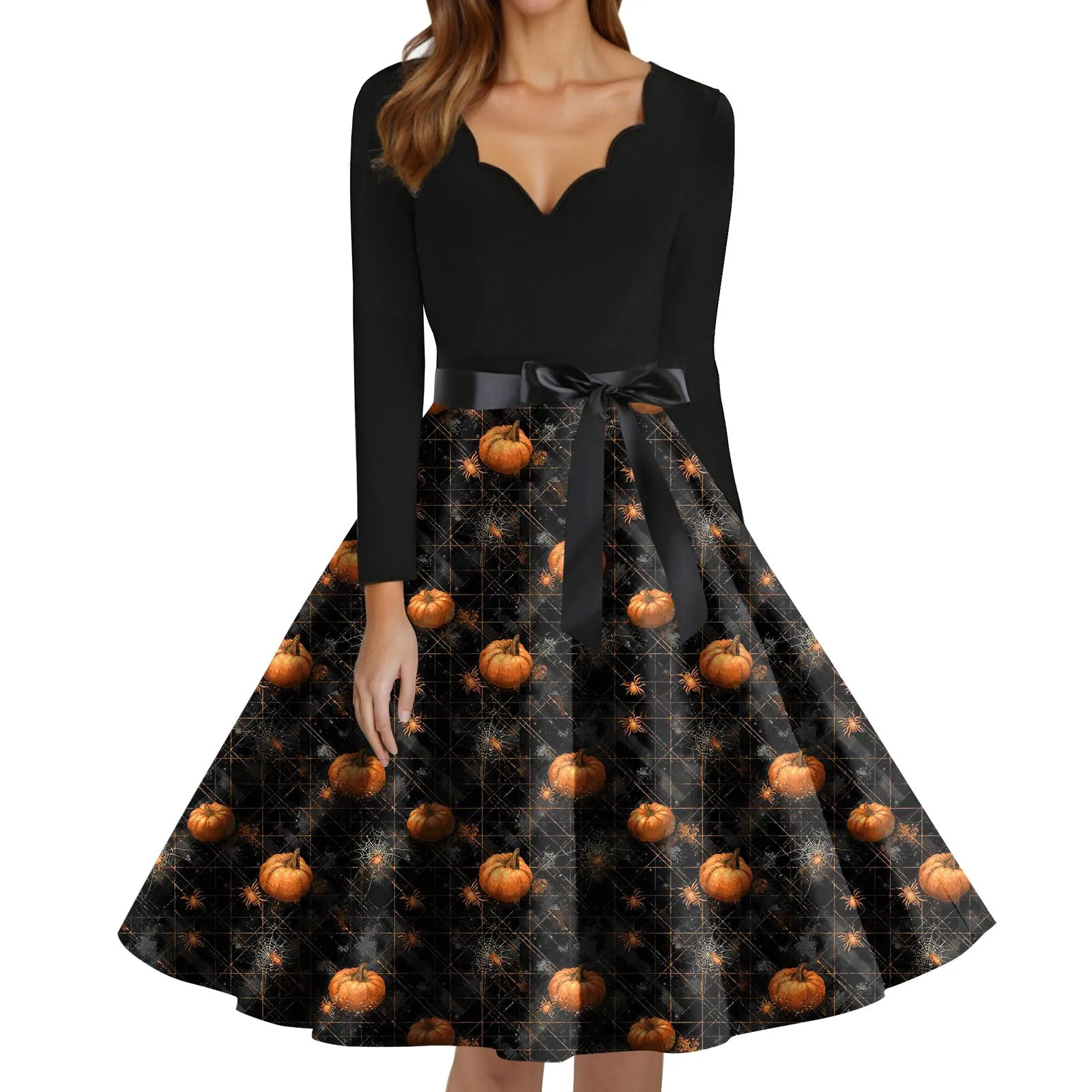Damska moda Dekolt w serek Codzienna Wąska Sukienka z nadrukiem na Halloween z długim rękawem Eleganckie sukienki damskie na imprezę Sukienka damska na imprezę